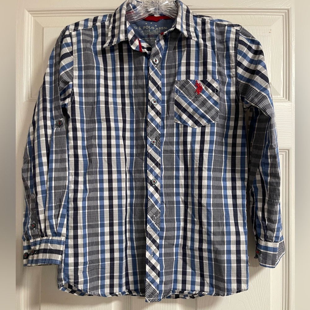 US POLO ASSN. Boys Blue & White Button Up Shirt Size 10/12 - Picture 2 of 7